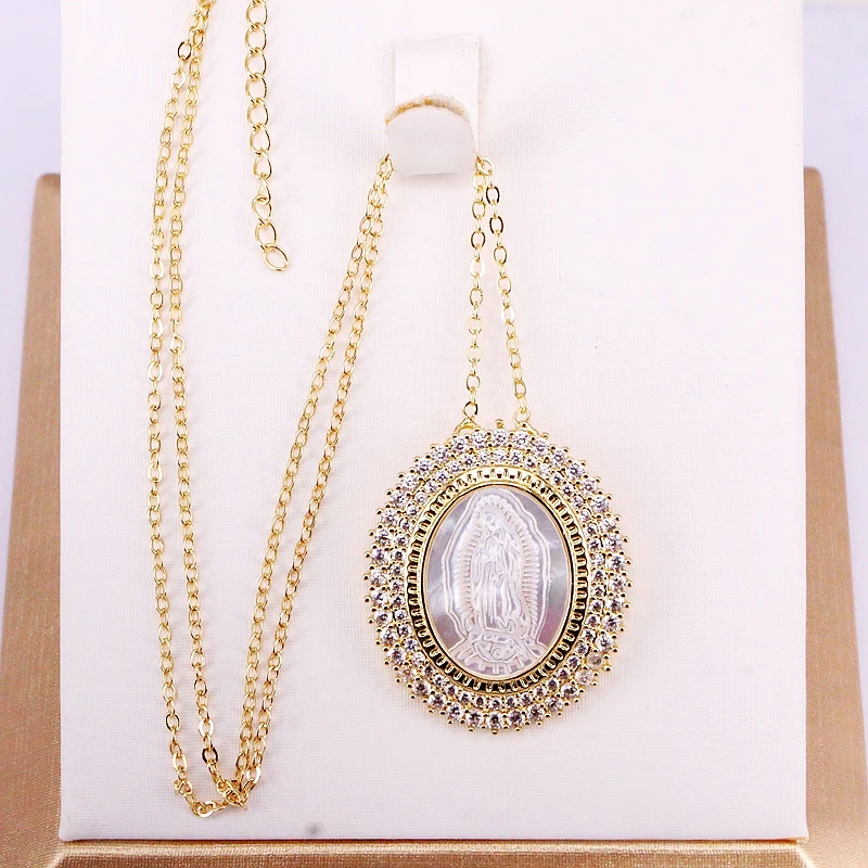 5PCS, Sparking CZ Micro Paved Virgin of Jesus / Mary Shell Pendant Fashion Gold Filled Necklaces