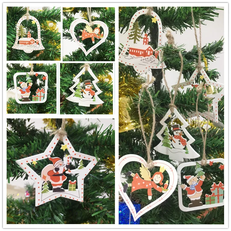 5PCS DIY Christmas Wooden Pendants Ornaments Colorful Multi Type Wood Crafts For Xmas Tree Christmas Party Hanging Decorations