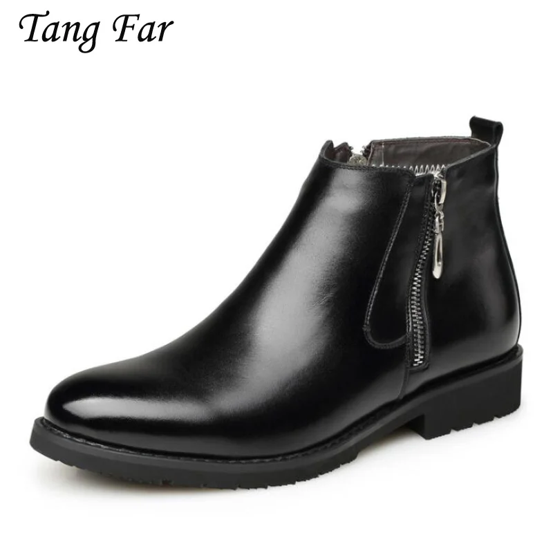 Men Boots Zipper Designer Men's Winter Formal Shoes British Fur Boots Genuine Leather Boots Pointed Masculina Bota