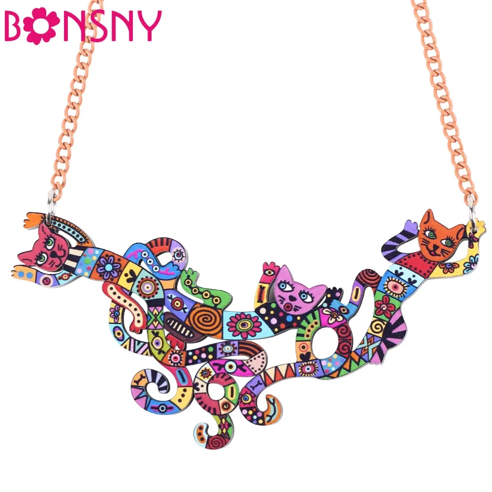 Bonsny Cat Necklace Acrylic Brand New Pendant Accessories Autumn Winter Pet Animal Multicolor Girl Woman Fashion Jewelry