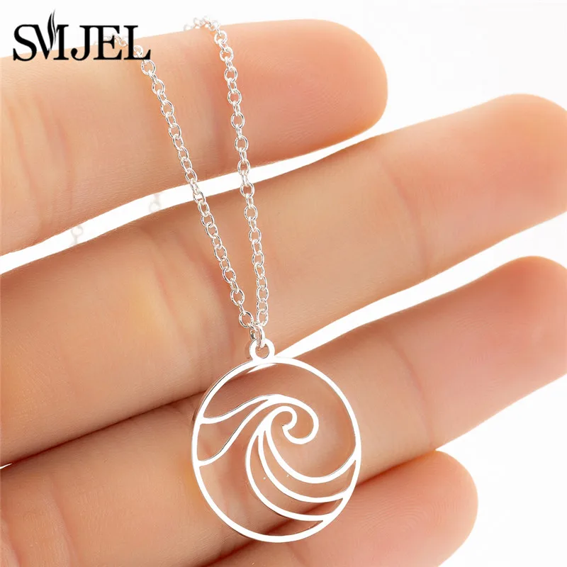 SMJEL Stainless Steel Wave Necklaces Pendants Circle Beach Surfer Jewelry for Women Ocean Wave Charm Choker Necklace Collar