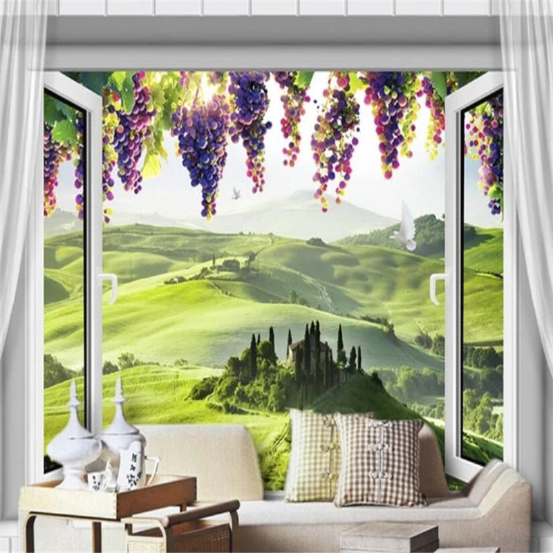 wellyu European 3D window grape TV background wall custom large mural wallpaper papel de parede para quarto