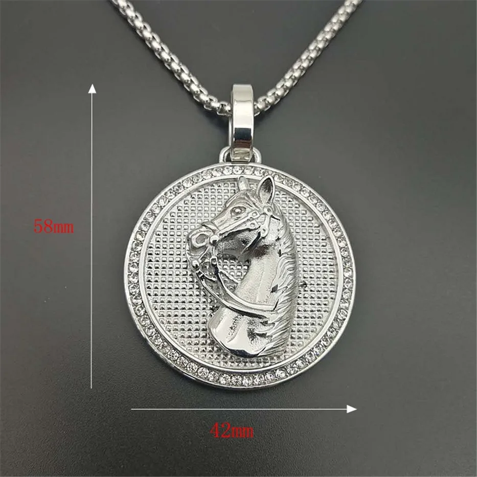 Jockey Club Horse Head Pendants Necklaces For Women/Men Gold Color Stainless Steel Round Coin Iced Out Bling Hip Hop Jewelry