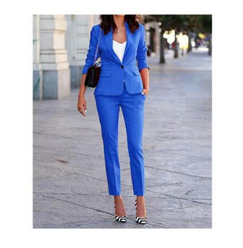 

2 Piece Royal Blue PantSuits Formal Ladies Office OL Uniform Designs Women Business Work Jacket with Trousers Sets Custom Made