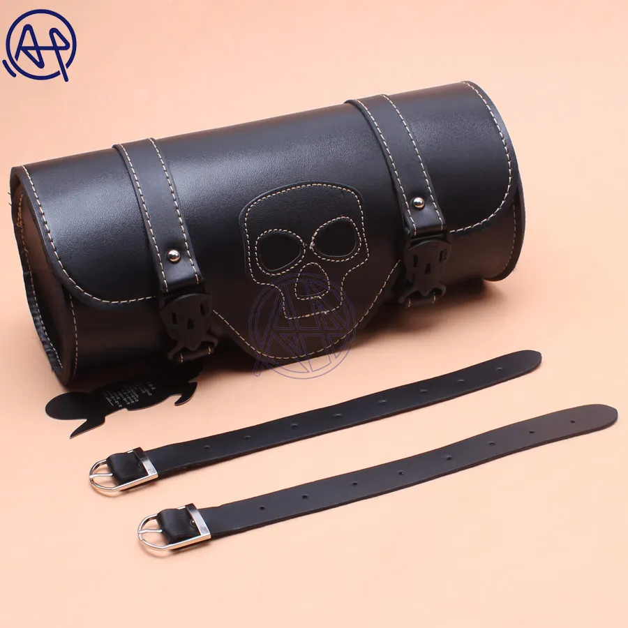 Brand New PU Black Front Fork Skull Logo Tool Bag Luggage Saddle Bag For Harley Chopper Bobber Cruiser Softail Sportster Honda