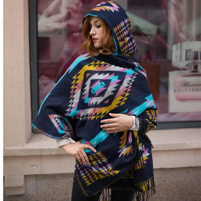 RUNMEIFA 2020 Winter Warm Poncho For Women Retro Geometric Cape femme ponchos and capes woman Hooded Coat Cloak Tippet Plus Size