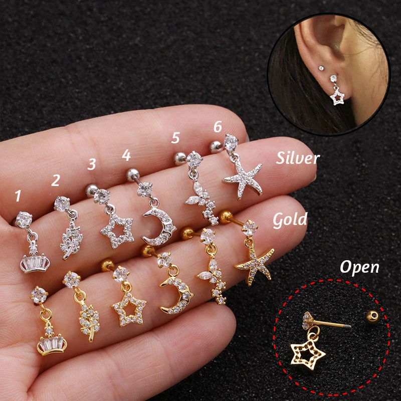 New arrival 6styles Star heart Moon crystal tragus ear piercing plug stainless steel daith earrings helix cartilage studs