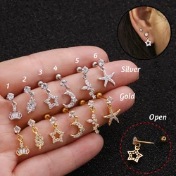 New arrival 6styles Star heart Moon crystal tragus ear piercing plug stainless steel daith earrings helix cartilage studs