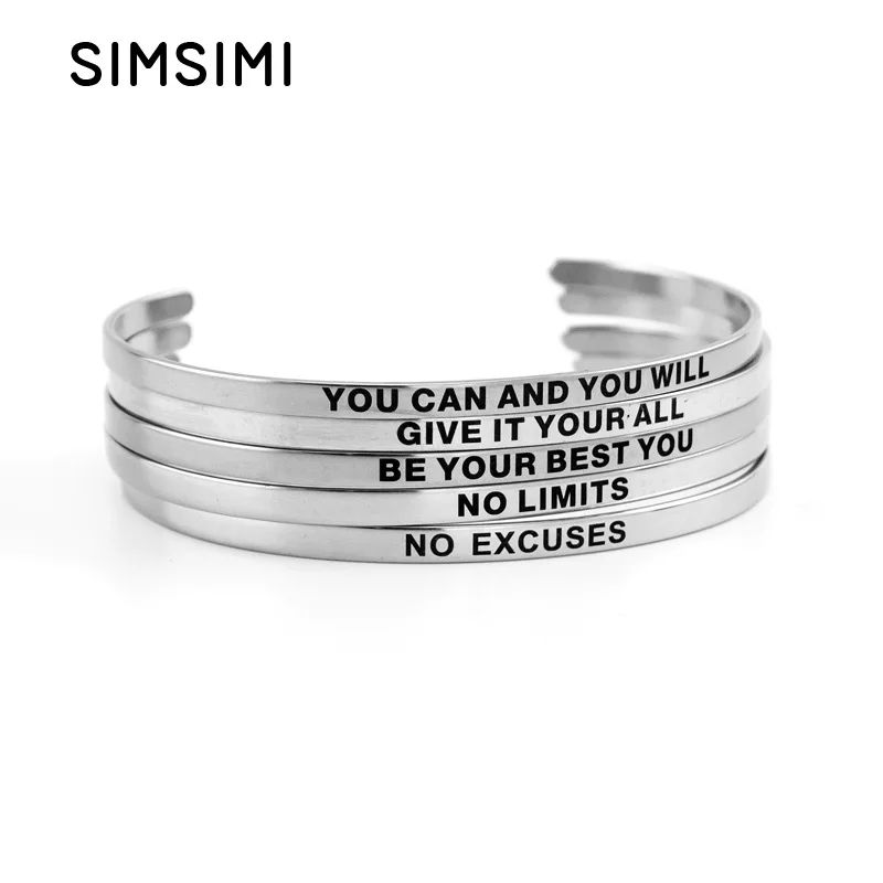 Simsimi 316 Stainless Steel Bangle Positive Inspirational Quote Hand Stamped Cuff Mantra Bracelets For Women Best Gifts