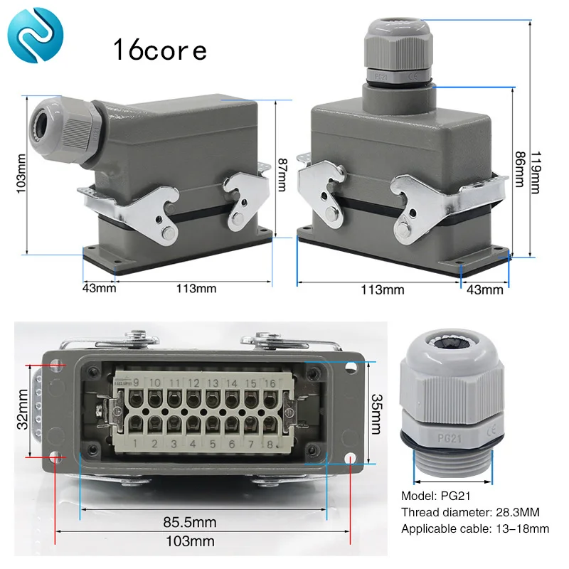 Rectangular heavy duty connector HDC-HE4 6 10 16 20 24 32 48 core Pin 16A Waterproof Aviation plug  Top  and Side Line Connector