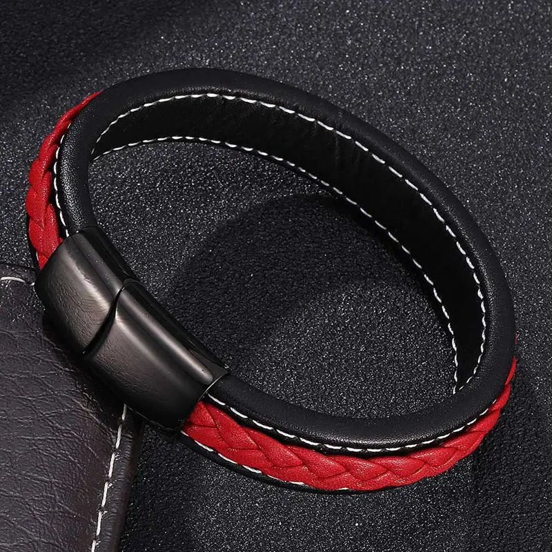 Punk Style Men Red Hand-Woven Leather Bracelet High-Quality Metal Buckle Women Wristband Gift BB0008