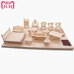 34pcs/set 1:24 Dollhouse Mini Furnitures Children's Educational Wooden Doll Furniture Toy,3d Puzzle Model Kit  Christmas Toy