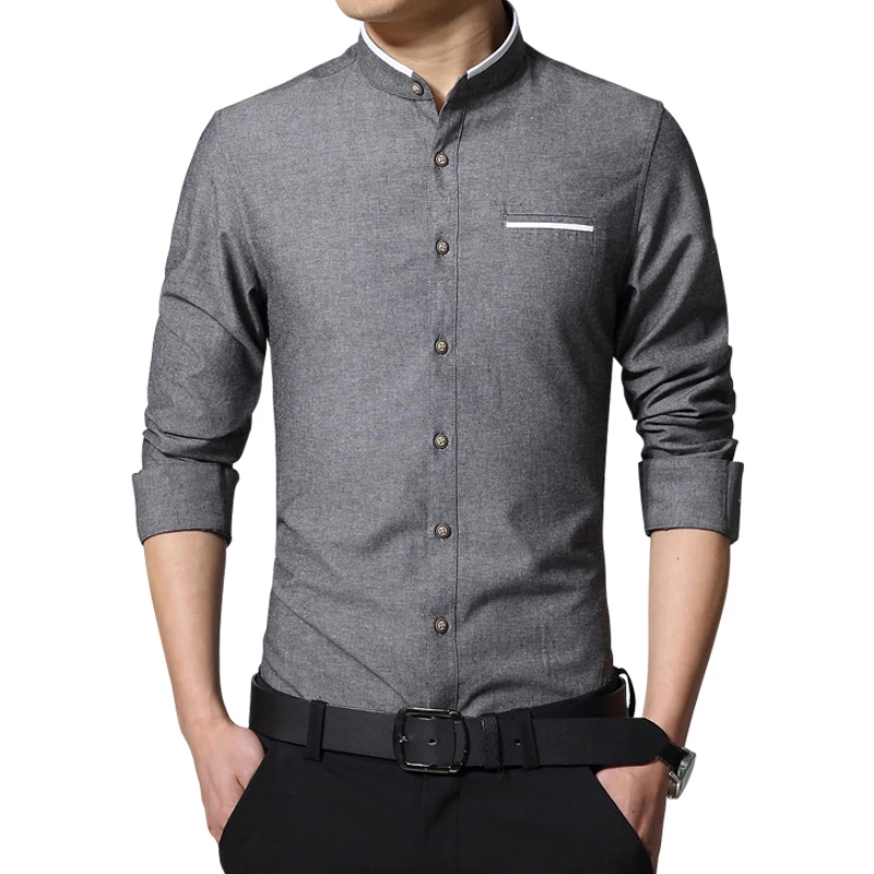 2024 New Brand Men\'s Casual Shirt Long Sleeve Banded Collar Easy Care Collarless Shirts Slim Fit Dress Shirt For Men Business