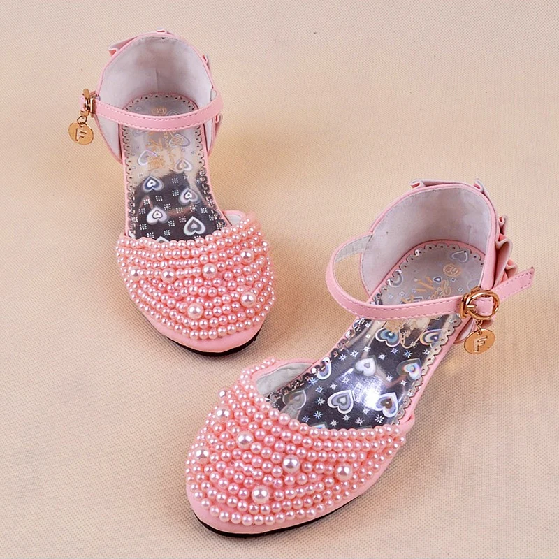 2023 Summer Hot Wedding Flower Girls High-Heeled Princess Pearl Beading Sandals Children Kids Dance Performance Single Shoes X5