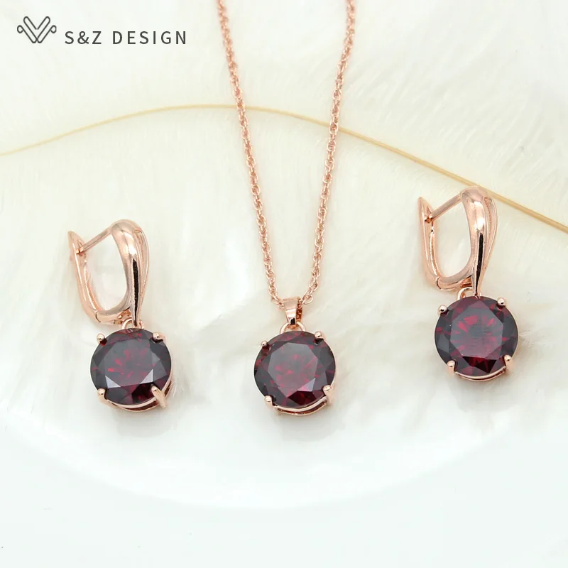 S&Z DESIGN New Classic Big Round Cubic Zirconia Dangle Earrings Jewelry Sets For Women 585 Rose Gold Color Wedding Party Gift