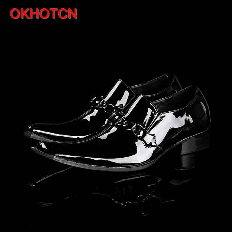 OKHOTCN Pure black man spring autumn shoes genuine leather man formal shoes business party shoes metal decoration square toe