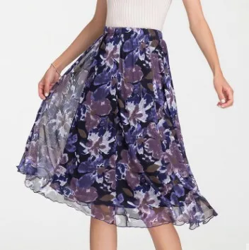 

2020 New women's 100% silk mesh eyes long a-line skirt women double silk printed half skirt