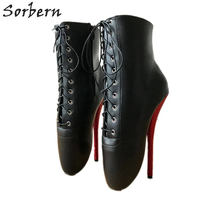 

Sorbern Custom Wide Fit Ankle Lace Up Ankle Boots Ballet Stilettos 7 Inch Sexy High Heel Fetish Ballet Shoes Black Matte Devious