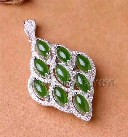 925 Sterling Silver Jasper Green HeTian Jade Beads Inlay Flower Design Lucky Pendant + Chain Necklace Charm Jewelry Girl's Gift