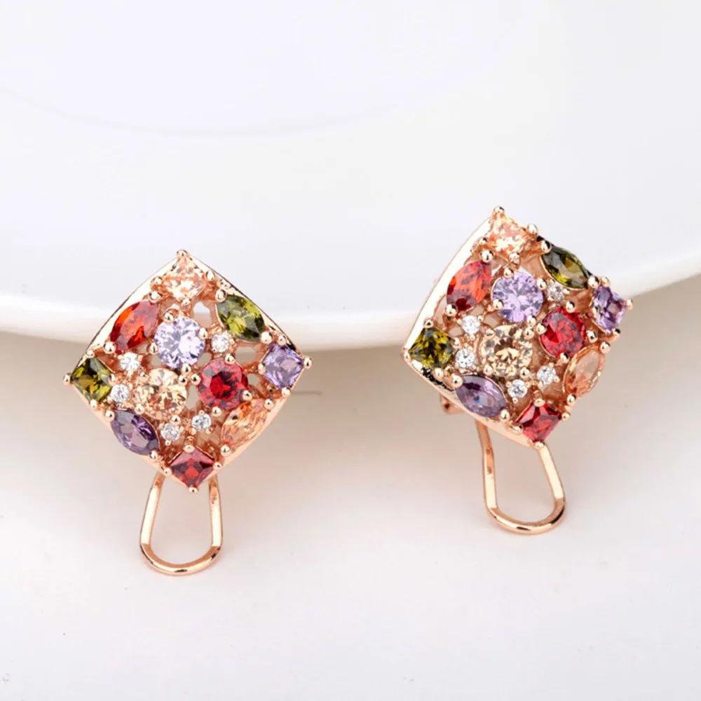 LUOTEEMI Square Shape Multi-Color Cubic Zirconia Rose Gold-Color Stud Earings for Women Luxury Dinner Party Dress Accessories