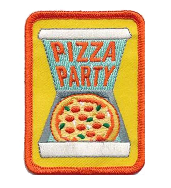 

Embroidered PIZZA PARTY Patches Made by Twill with Merrow Broder and Iron On Backing Accept Custome and MOQ50pcs Free Shipping