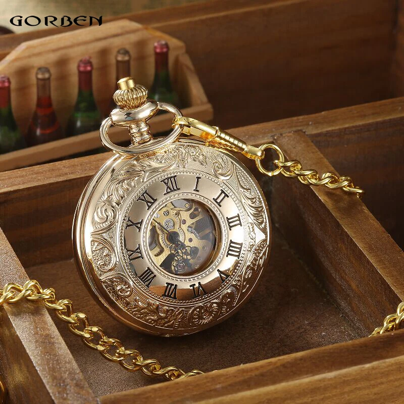 Luxury Golden Mechanical Steampunk Skeleton Roman Numbers Top Pocket Watches Hand-winding Necklace Fob Chain Gift For Men Women