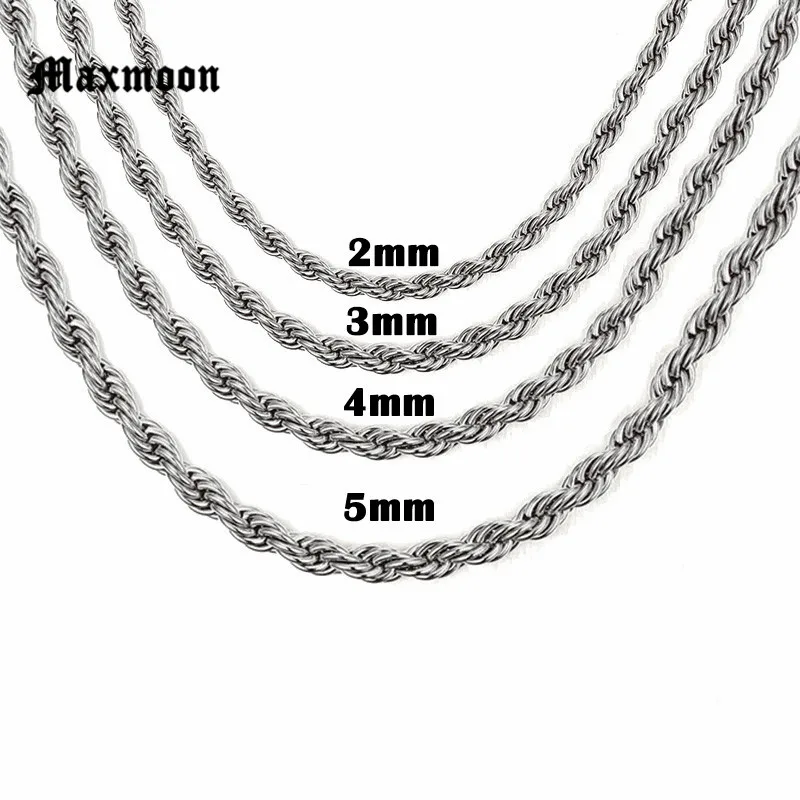 Maxmoon 3mm/4mm/5mm Width 316L Stainless Steel Men Boy Spiga Plait Necklace Chain Silver Color  Length Customized Jewelry