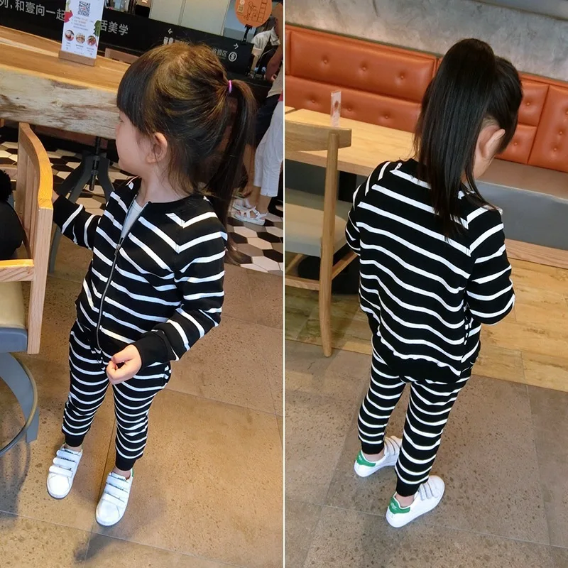 Girls Set Spring 2022 New Child Korean Wave Stripe Cardigan Coat + pants 2 pcs sets