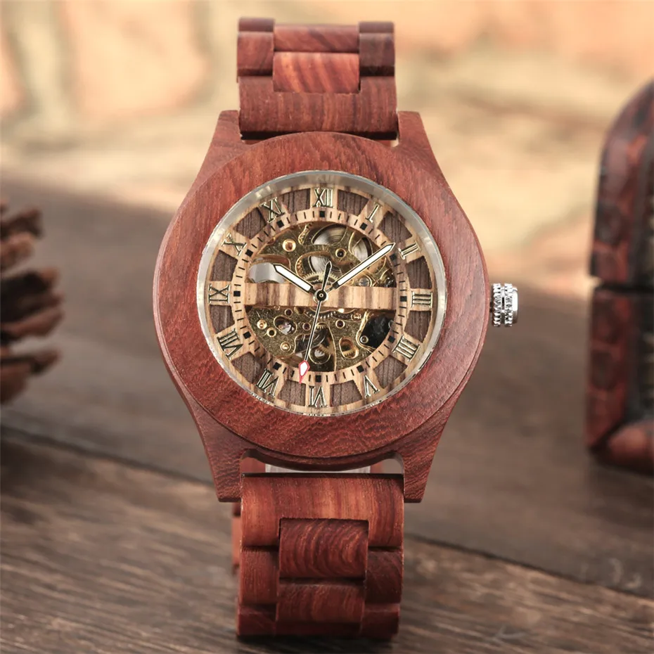 Luxury Red Wood Watch Mechanical Self Winding Wooden Watches Creative Unique Automatic Timepiece Men Watch reloj masculino