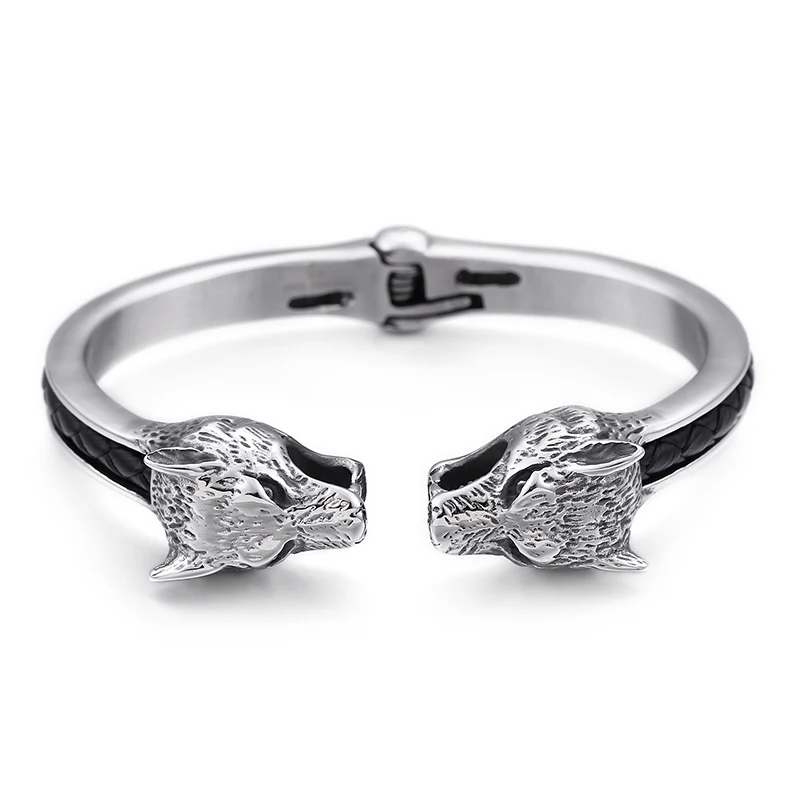 Stainless steel Biker Open Wolf Head End Cuff Bangle Gothic Mens Bracelet 8mm 2.67'' Cool