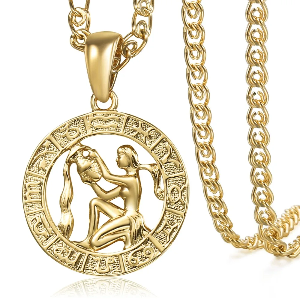 Women Men Aquarius Zodiac Sign Necklace 585 Rose Gold Color Chain Necklace party Jewelry gift GP287