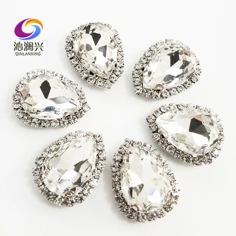 

Factory Sales Top Grade Silver Bottom Glass Crystal Buckle,white Drop Shape Sew on Rhinestones,Diy/wedding Decoration