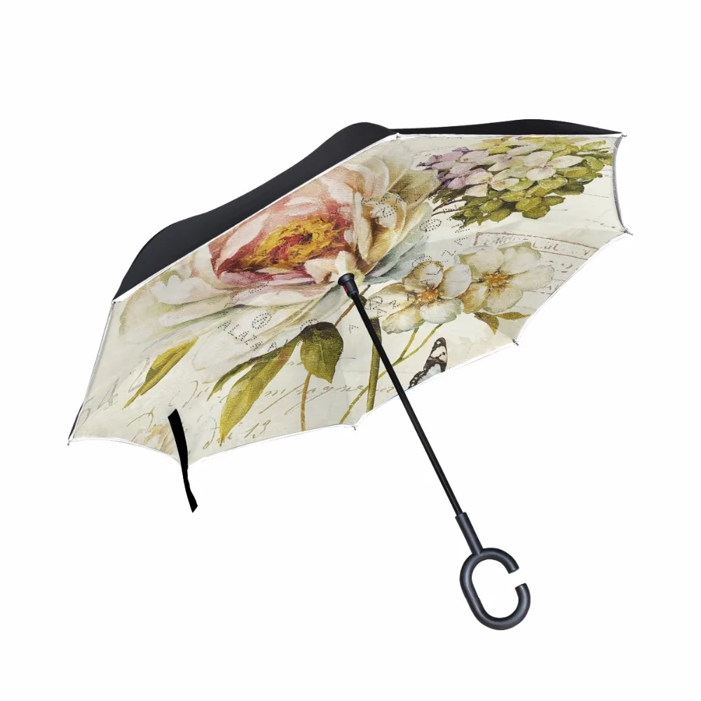 Reverse Umbrella With Vintage Oil Painting Flower Double Layer Inverted Umbrella High Quality Fashion Customized For Travel