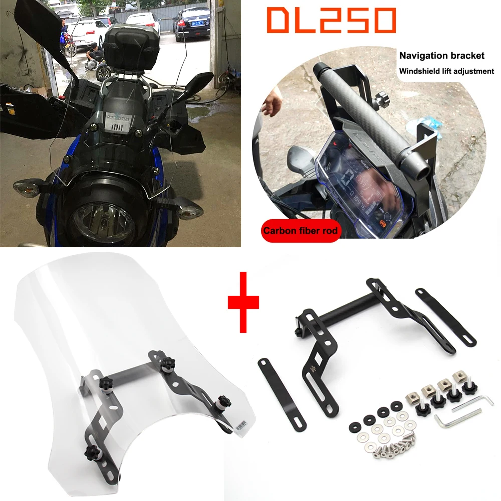 For Suzuki DL250 Vstrom DL 250 Motorbike Front Glass Windshield Windscreen +Motorcycle GPS Mount Mounting Adapter Holder Bracket