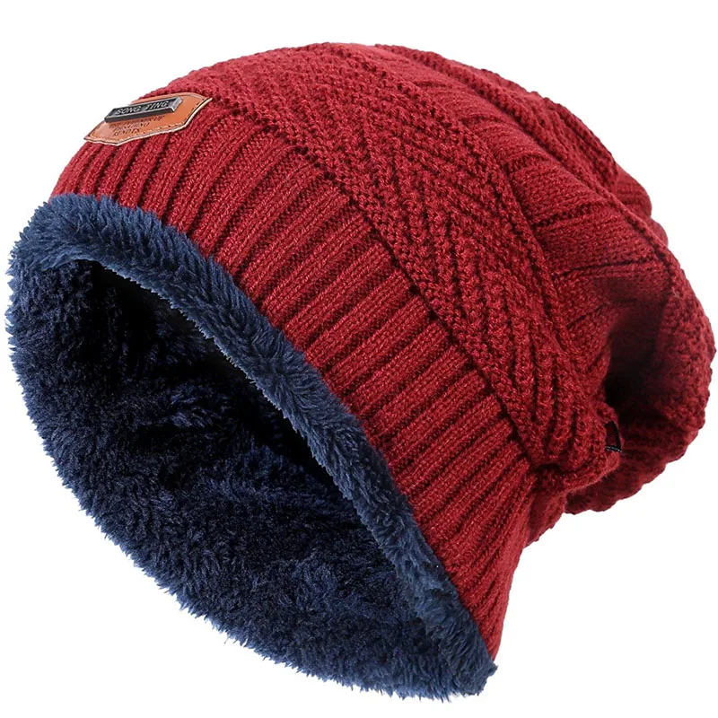 Men Warm Winter Knitted Beanie Hat Fleece Sullies Cap Black  Male Casual Thick Soft  Head Warmer