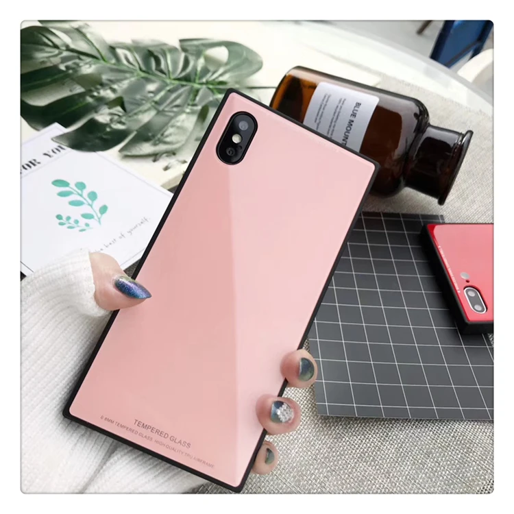 Luxury Fashion Glossy Square Tempered Glass Plain Cases For iPhone 16 15 14 13 12 Pro Max 14 Plus Cover