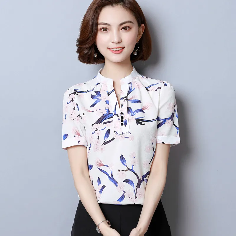 Summer Short Sleeve Chiffon Shirt Women Temperament Loose Plus Size Top Bottom Shirts Office Lady Printed V Collar Blouse H9130