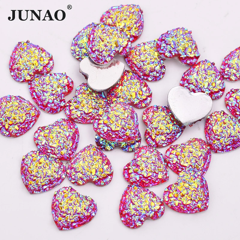JUNAO 100 buah Glitter merah muda AB hati berlian imitasi Flatback Resin batu kristal tidak dijahit berlian Strass Applique untuk kerajinan DIY