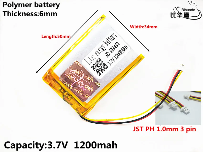 JST PH 1.0mm 3 pin Good Qulity 3.7V,1200mAH 603450 Polymer lithium ion / Li-ion battery for tablet pc BANK,GPS,mp3,mp4