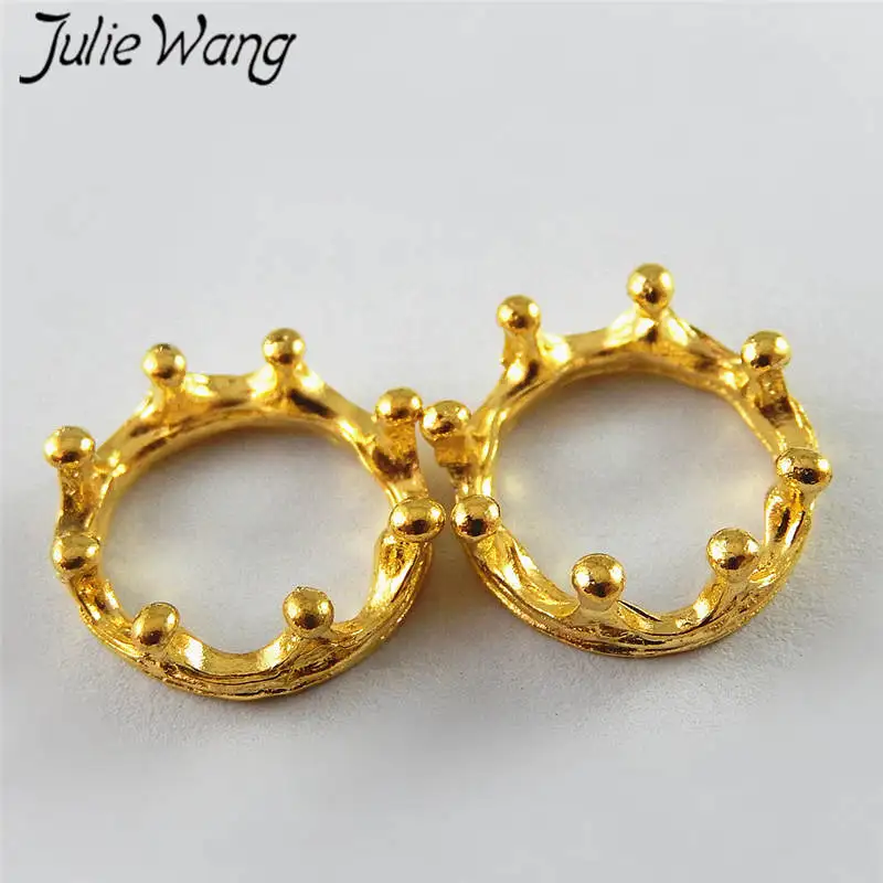 Julie Wang 10PCS Gold Color Crown Ring Circular Charms For Necklace Pendants Findings Jewelry Making Accessory Suspension