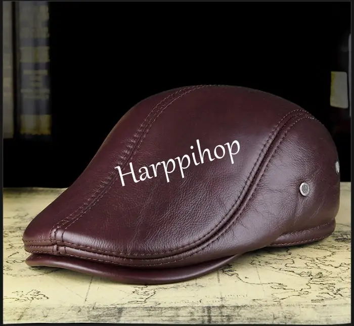 2019 New Design Men\'s 100% Genuine Leather Cap brand Newsboy /Beret /Cabbie Hat/ Golf Hat winter warm hats with ears