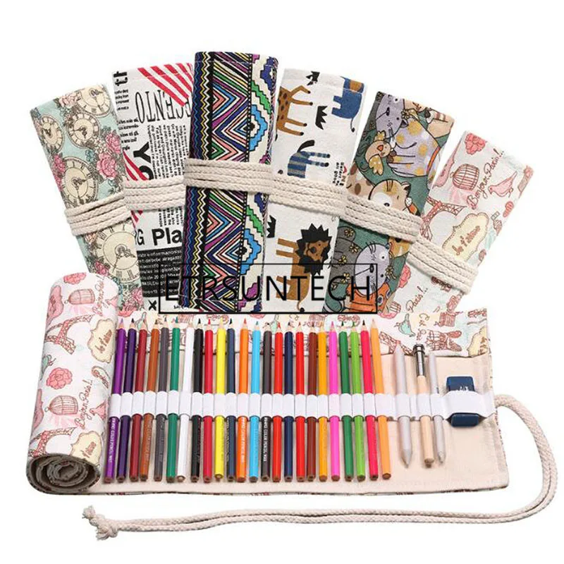 50pcs Pencil Case Cartoon Blank Canvas Pen Bag for Girls Boys Pencil Storage Bag 12/24/36/48/72 Roll