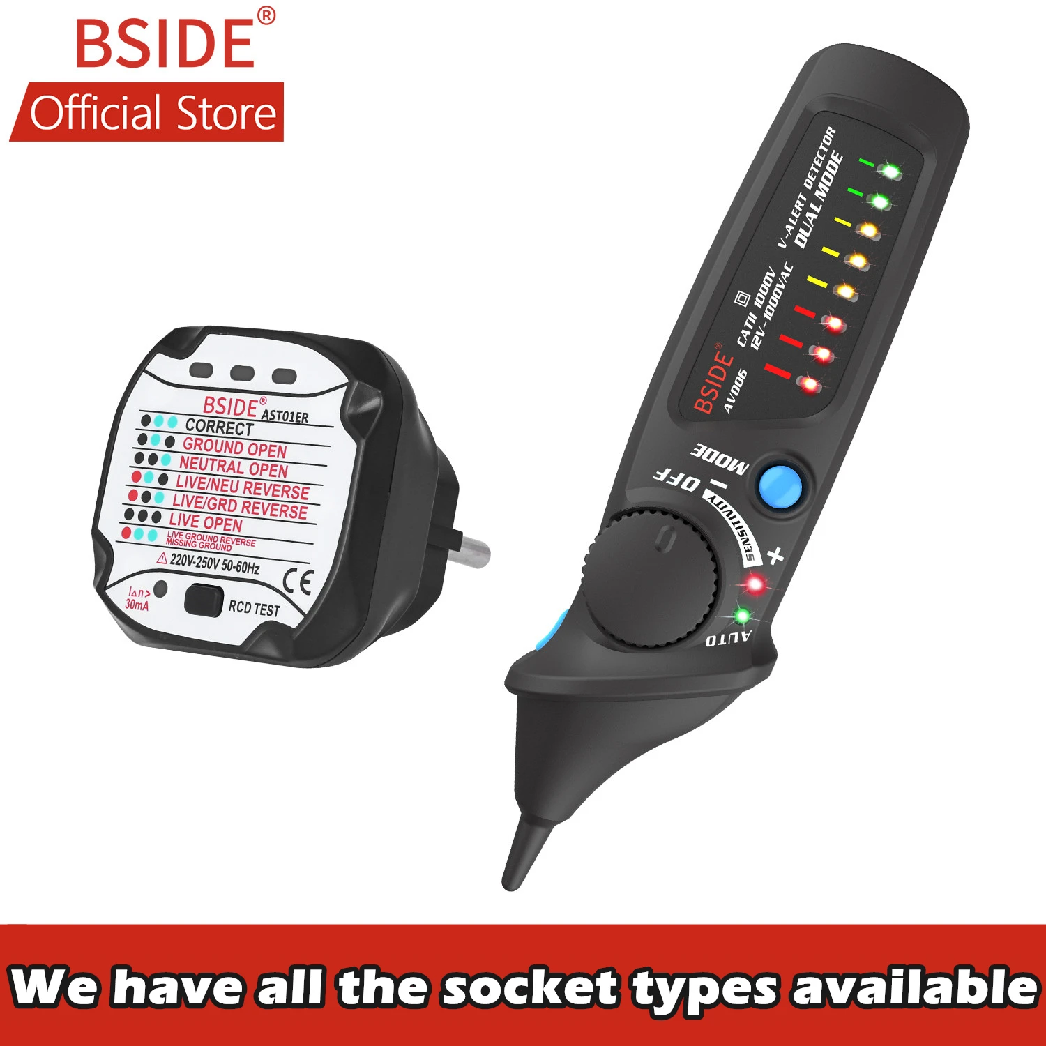 Bside Dual Mode Non-Contact Ac Voltage Detector Tester + Socket Stopcontact Tester Circuit Polariteit Breaker Finder kit