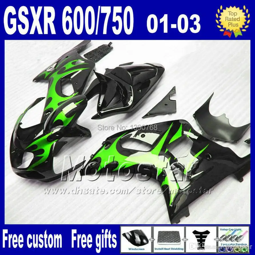 7gifts +Seat Cowl fairing kit for SUZUKI GSX-R 600/750 K1 2001-2003 GSX R600 R750 01 02 03 green flame in black motorcycle fairi