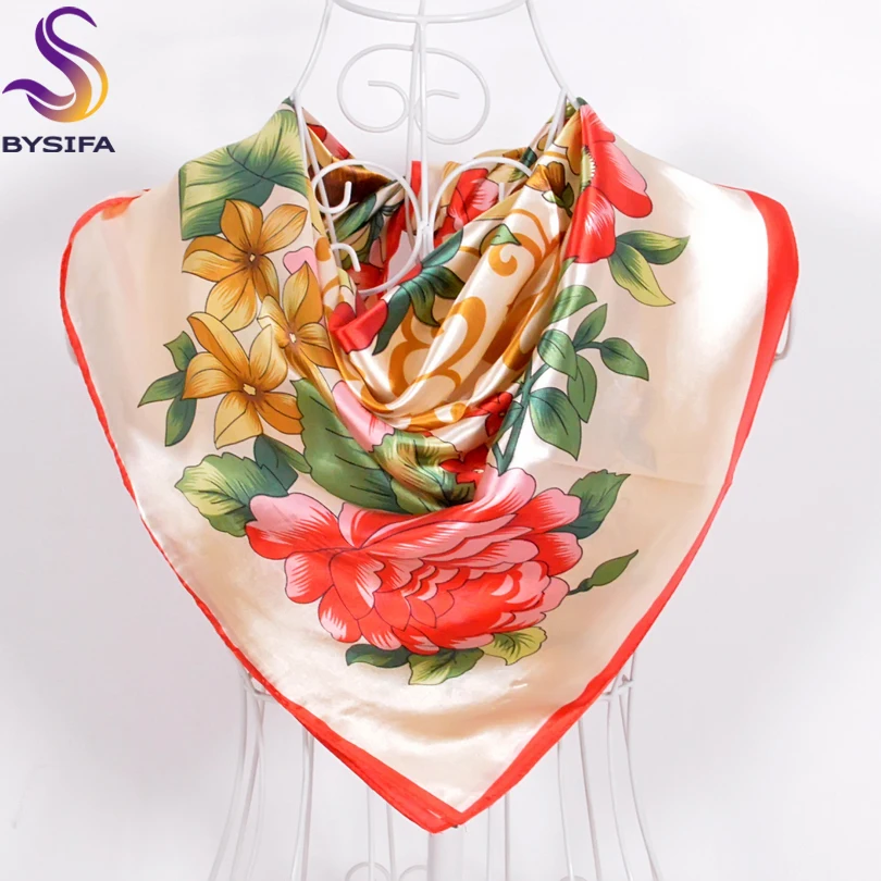 [BYSIFA] Ladies Orange Satin Scarves Head Scarf Hijab 90*90cm Spring Autumn Chinese Peony Pattern Large Square Silk Scarf Shawl