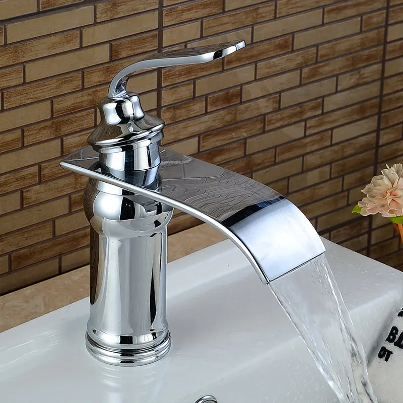 Basin Faucet Solid Brass Chrome Waterfall Bathroom Sink Mixer Big Square Spout Tap Torneira Banheiro WF-9273