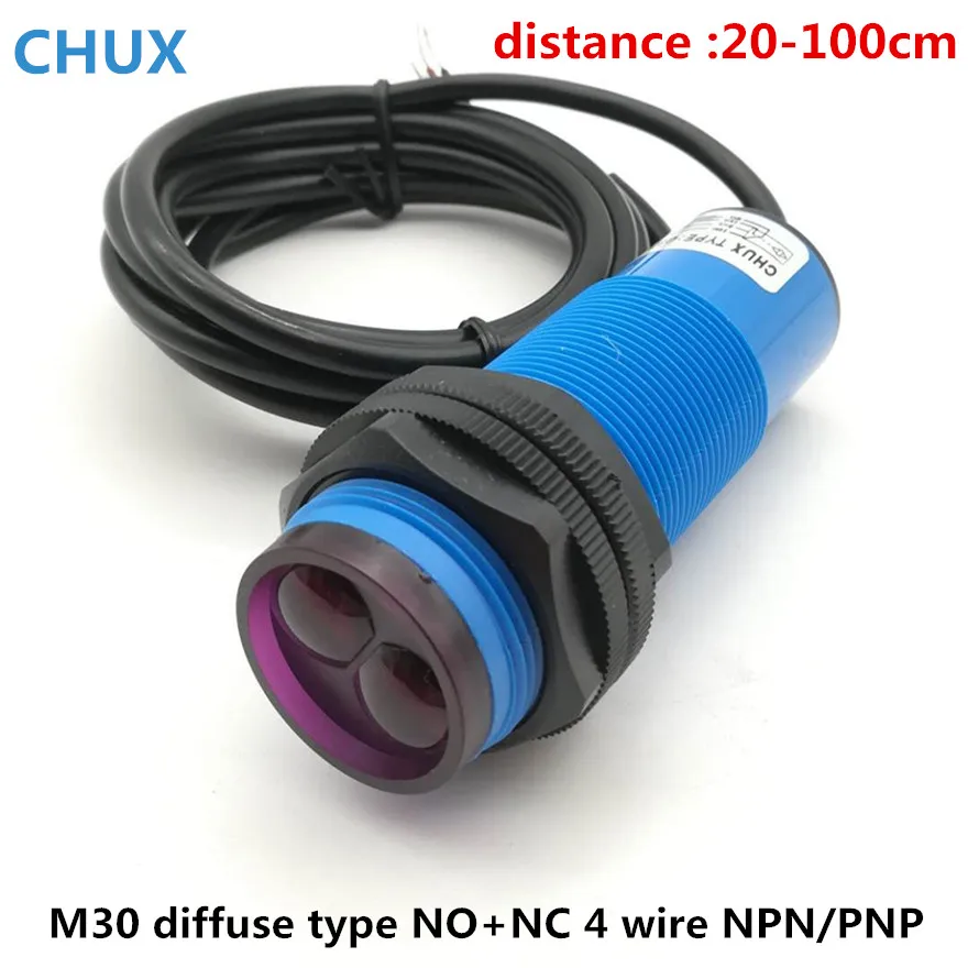 

CHUX Diffuse type Photoelectric Sensor Switch M30 NPN PNP NO+NC 4 wires 100cm adjust distance Infrared Photocell Sensors