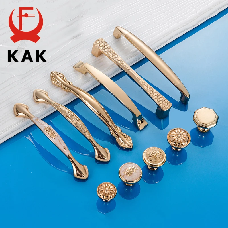 KAK Champagne Gold Door Handles Zinc Alloy Cabinet Handle Drawer Knobs European Wardrobe Pulls Kitchen Handle Furniture Hardware