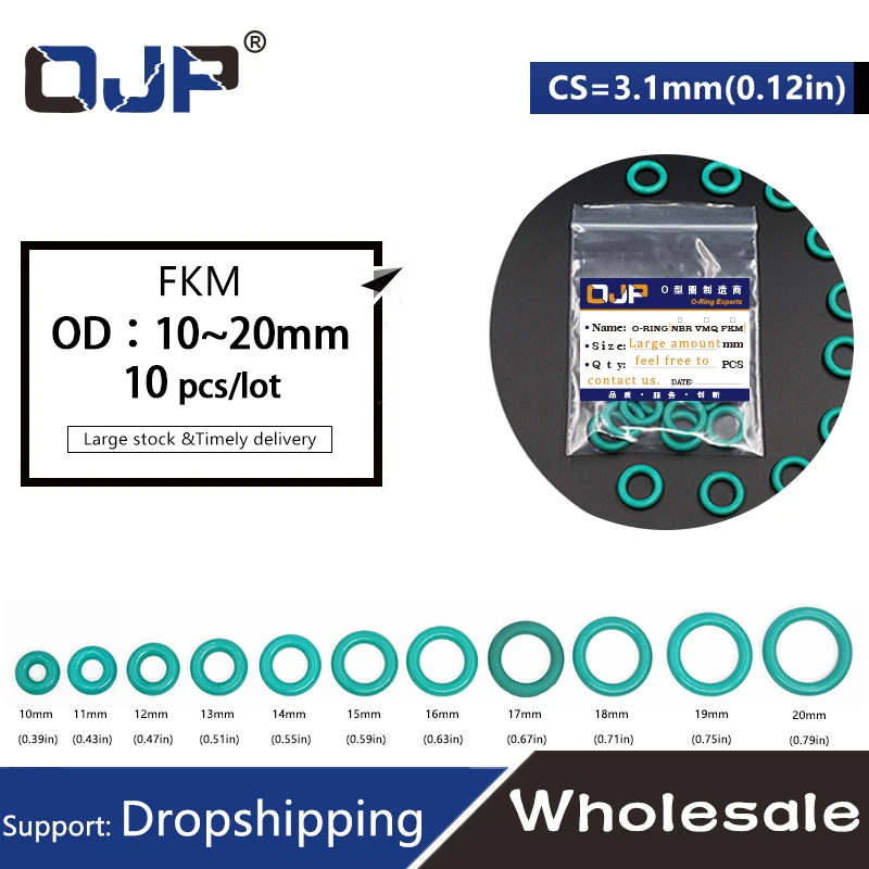 10PCS/lot Rubber Ring Green FKM O ring Seal 3.5mm Thickness OD10/11/12/13/14/15/16/17/18/19/20mm Rubber ORing seal Gasket Washer