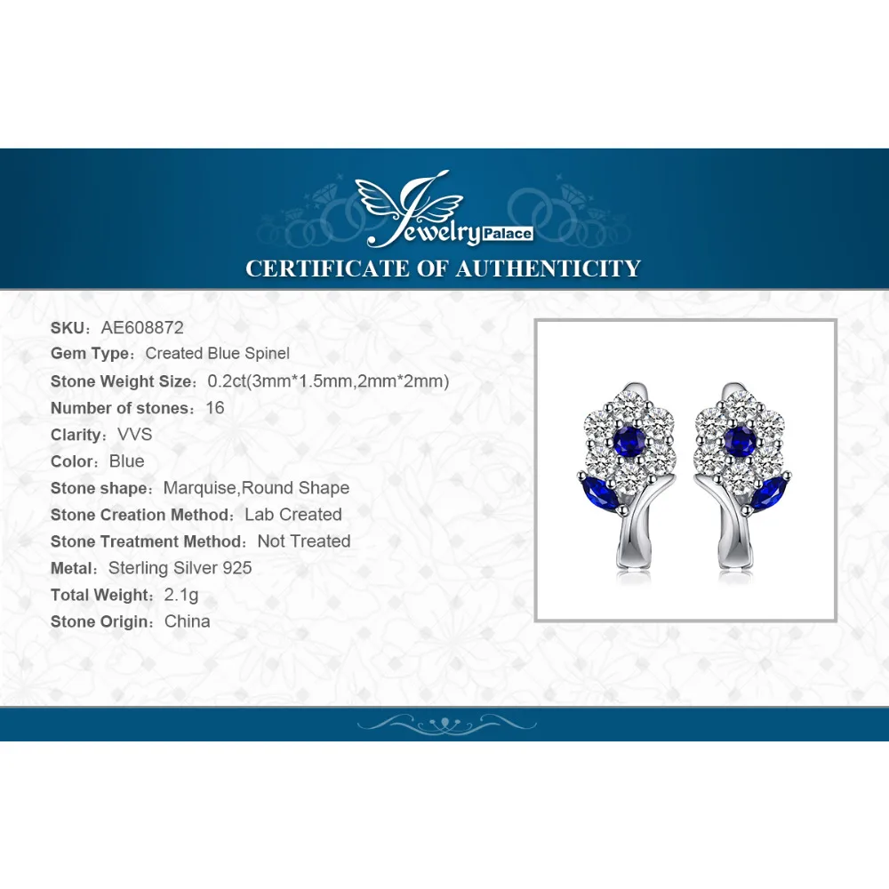 JewelryPalace Flower Created Blue Spinel 925 Sterling Silver Hoop Earrings for Woman Girl Fashion Party Gift Trendy Fine Jewelry
